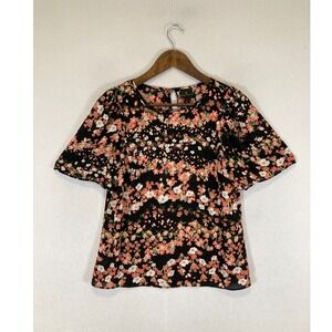 Floral Cottagecore Worthington Women Small Black Peach Flutter Sleeve Blouse Top